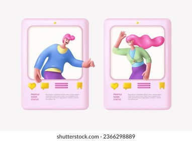 3D people render. Social media content. Friends in photo creator. Blogger post in mobile chat. Network blog account. Happy man and woman. Online chat. Vector profile exact icons set