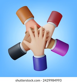 3D People Showing Unity with Their Hands Together. Render Crossed Hands. Multiethnic Group and Human Diversity. Business, Team Work, Cooperation and Partnership. Vector Illustration