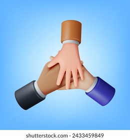 3D People Showing Unity with Their Hands Together. Render Crossed Hands. Multiethnic Group and Human Diversity. Business, Team Work, Cooperation and Partnership. Vector Illustration