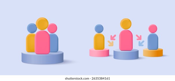 3D people in team leader symbol of teamwork. Problem-solving, business challenge in leadership connection to people, partnership concept. 3d teamwork idea icon vector render illustration