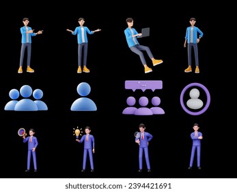 3D People vector icon set with black background