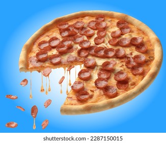 3d Pepperoni pizza, pizza with pepperoni and cheese and tomato. Italian food, Italia, Italian cuisine, take-away. Fast food casual food 3d icon