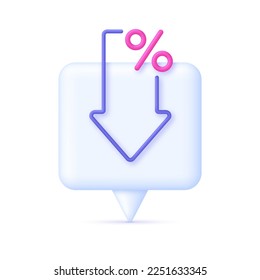 3D Percent and arrow icon on Speech Bubble. Interest rate, finance, banking, credit and money sphere concept. Trendy and modern vector in 3d style.