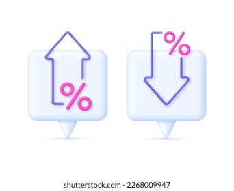 3D Porcentaje e icono de flecha en la burbuja de voz. Porcentaje con flecha hacia arriba y hacia abajo. Concepto de tipo de interés, finanzas, banca, crédito y esfera monetaria. Vector moderno y de moda en estilo 3d.