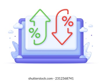 Icono de porcentaje 3D y flecha en Equipo. Porcentaje con flecha hacia arriba y hacia abajo. Concepto de tipo de interés, finanzas, banca, crédito y esfera monetaria. Vector moderno y de moda en estilo 3d.