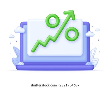 3D Percent and arrow icon on Computer. Interest rate, finance, banking, credit and money sphere concept. Trendy and modern vector in 3d style.