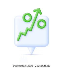 3D Porcentaje e icono de flecha en la burbuja de voz. Concepto de tipo de interés, finanzas, banca, crédito y esfera monetaria. Vector moderno y de moda en estilo 3d.
