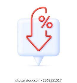 3D Percent and arrow icon on Phone. Percentage with arrow down. Interest rate reduction, finance, banking, credit and money sphere concept. Trendy and modern vector in 3d style.