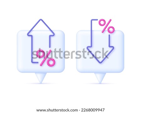3D Percent and arrow icon on Speech Bubble. Percentage with arrow up and down. Interest rate, finance, banking, credit and money sphere concept. Trendy and modern vector in 3d style.