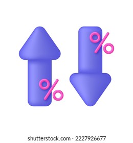 3D Percent and arrow icon. Percentage with arrow up and down. Interest rate, finance, banking, credit and money sphere concept. Trendy and modern vector in 3d style.