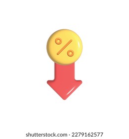 3D Percent and arrow icon. Percentage with arrow down. Interest rate, finance, banking, credit and money sphere concept. Trendy and modern vector in 3d style.