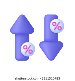 3D Percent and arrow icon. Percentage with arrow up and down. Interest rate, finance, banking, credit and money sphere concept. Trendy and modern vector in 3d style.