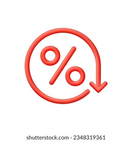 3D Percent and arrow icon. Percentage with arrow down. Interest rate reduction, finance, banking, credit and money sphere concept. Trendy and modern vector in 3d style.