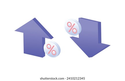 3D Percent and arrow icon. Percentage with arrow up and down. Interest rate, finance, banking, credit and money sphere concept.3d goal for technology,online social media usage illustration.