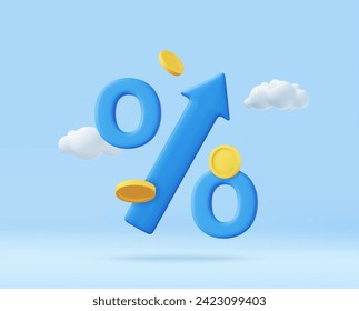 3d percent up arrow symbol icon. Growth concept, market analysis, investment or interest rate for a deposit. 3d rendering. Vector illustration