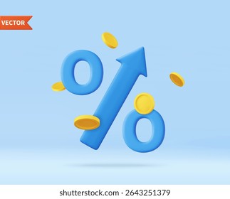 3d percent up arrow symbol icon. Growth concept, market analysis, investment or interest rate for a deposit. 3d rendering. Vector illustration