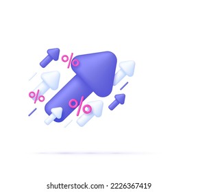 3D Percent and arrows. Percentage with arrow up. Interest rate, finance, banking, credit and money sphere concept. Trendy and modern vector in 3d style.