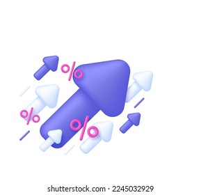 3D Percent and arrows. Percentage with arrow up. Interest rate, finance, banking, credit and money sphere concept. Trendy and modern vector in 3d style.