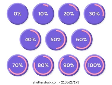 3d Percent Diagram, Pie Chart Set. Percentage Circle Graph In Cartoon Style. Progress, Infographic Design Element. Vector Illustration.