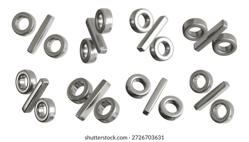 3d percent icon metallic silver set. Percentage 3d chrome sign collection