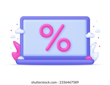3D Percent icon on Computer. Promotion, discount, sale, percentage concept. Interest rate, finance, banking, credit and money sphere concept. Trendy and modern vector in 3d style.