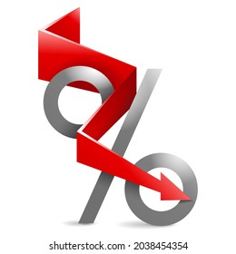 3D Percent sign with arrow down - isolated icon for special offers, commission, discount program. Vector element for marketing, sales