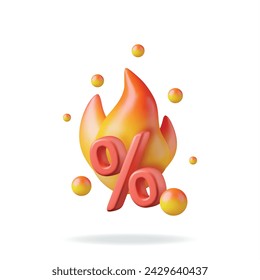 3D Prozent Zeichen und Feuer Flamme Symbol isoliert. Rendersymbol für Flamme und Prozentsatz. Prozentsatz, Verkaufs-, Rabatt-, Promotion- und Shopping-Symbol. Angebot, Preisschild, Gutschein, Bonus. Vektorgrafik