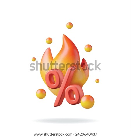 3D Percent Sign and Fire Flame Icon Isolated. Render Flame and Percentage Symbol. Percentage, Sale, Discount, Promotion and Shopping Symbol. Offer, Price Tag, Coupon, Bonus. Vector Illustration