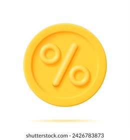 3D Percent Sign in Gold Coin Isolated. Render Money, Finance or Business Concept. Percentage, Sale, Discount, Promotion and Shopping Symbol. Offer, Price Tag, Coupon, Bonus. Vector Illustration