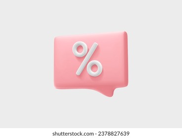 3D percent sign on talk bubble. Discount message render. Sale banner, price tag, special offer promotion. Purchase deal symbol. Vector promo illustration in minimal style. 