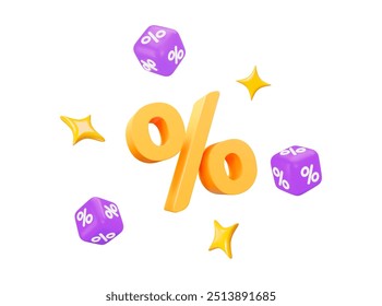 3d percent sign yellow color with flying cube percent and stars. Christmas, birthday, ads, promotion. Stock vector illustration on isolated background.