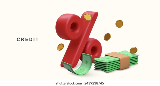 3d  percentage sign, paper and metal money. Vector illustration.