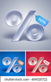 3d percentage symbol with tag on it on different backgrounds. Vector illustration