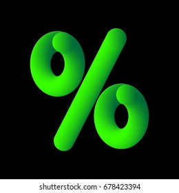 3d percentage vector icon. 3d font. Neon green percentage logo isolated on black background. EPS10 vector illustration. Perfect design for sale banner, template, logo, poster, retail brochure etc.