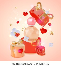 3d Perfume Bottle and Gift Box Fragrance Product Concept Cartoon Design Style. Vector illustration of Floral Delicate Composition