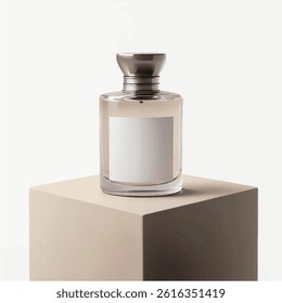 3d perfume bottle mockups, without label, creative background, placed on a cube, 3d realistic perfume botlle mockup, bottle mockups, glass bottle, fabric, glass jar, wooden, environment