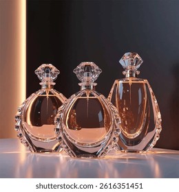 3d perfume bottle mockups, without label, creative background, placed on a cube, 3d realistic perfume botlle mockup, bottle mockups, glass bottle, fabric, glass jar, wooden, environment
