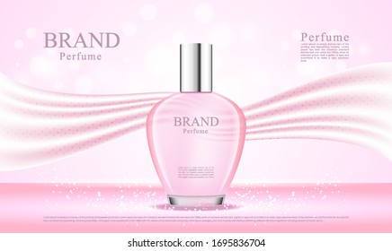 Frasco de perfume 3D con fondo de seda rosa