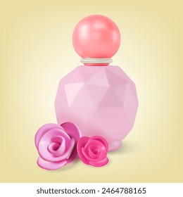 Producto de botella de perfume 3d con el estilo de diseño de dibujos animados del concepto de rosa rosa. Ilustración vectorial de Rosas Fragancia