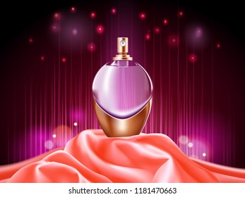 3d perfume bottle or sprayer. Package design for perfume. Realistic glassware container for woman or female deodorant. Perfumery and beauty, cosmetic and odor, advertising and branding theme
