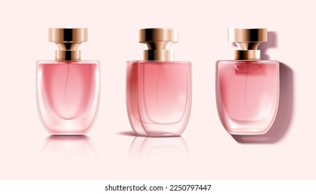 3D Perfume glass bottle mockup  Pink transparent perfume spray glass bottles and bronze caps isolated light pink background 