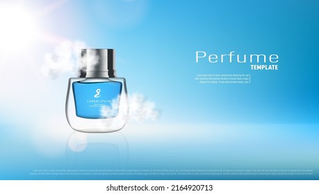 3D Perfume Spray Bottle In Clouds Banner Template. EPS10 Vector