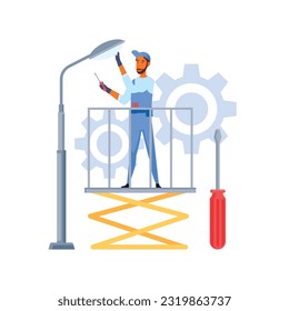 3d person fixing lamp with wrench and Scissor Lift or hydraulic ladder on gear backgroud