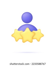 3D Person with stars. Consumer or customer feedback score, satisfaction level and criticism concept. Online feedback, survey or review concept. Trendy and modern vector in 3d style.