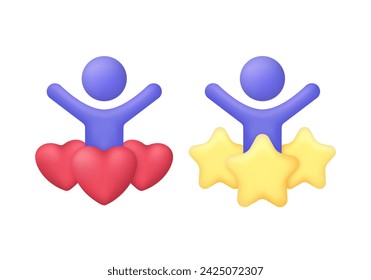 3D Person with stars and with hearts. Consumer or customer feedback score, satisfaction level and criticism concept. Online feedback, survey or review concept. Trendy and modern vector in 3d style