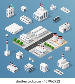 The 3D perspective aspect of set of objects of industrial plants, factories, parking lots and warehouses. Isometric view from above the city with streets, buildings and trees.