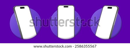 3D Perspective Black Smartphone Mockup with Purple Circle on Vibrant Background - Ideal for Banners, Backgrounds, Websites, and Social Media Posts