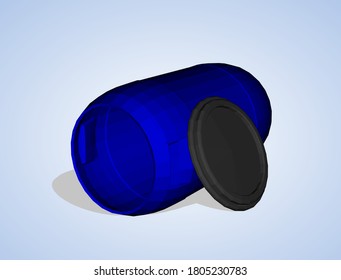 3D-perspektivblaues Plastikfass. Blauer Behälter mit offenem schwarzen Deckel. Einziger Gegenstand auf weißem Hintergrund. Vektor-Kunststoffgehäuse