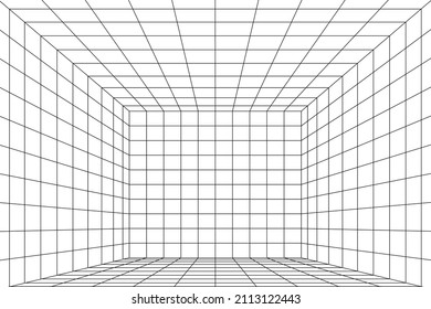 3D perspective digital grid of room space with two point perspective. White empty geometric cyberspace studio background. Virtual three dimension scene. Easy guide architecture template
