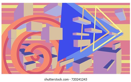 3D Perspective floating pastel color box, abstract of many messy thoughts in life that still have to keep forwarding, abstract background